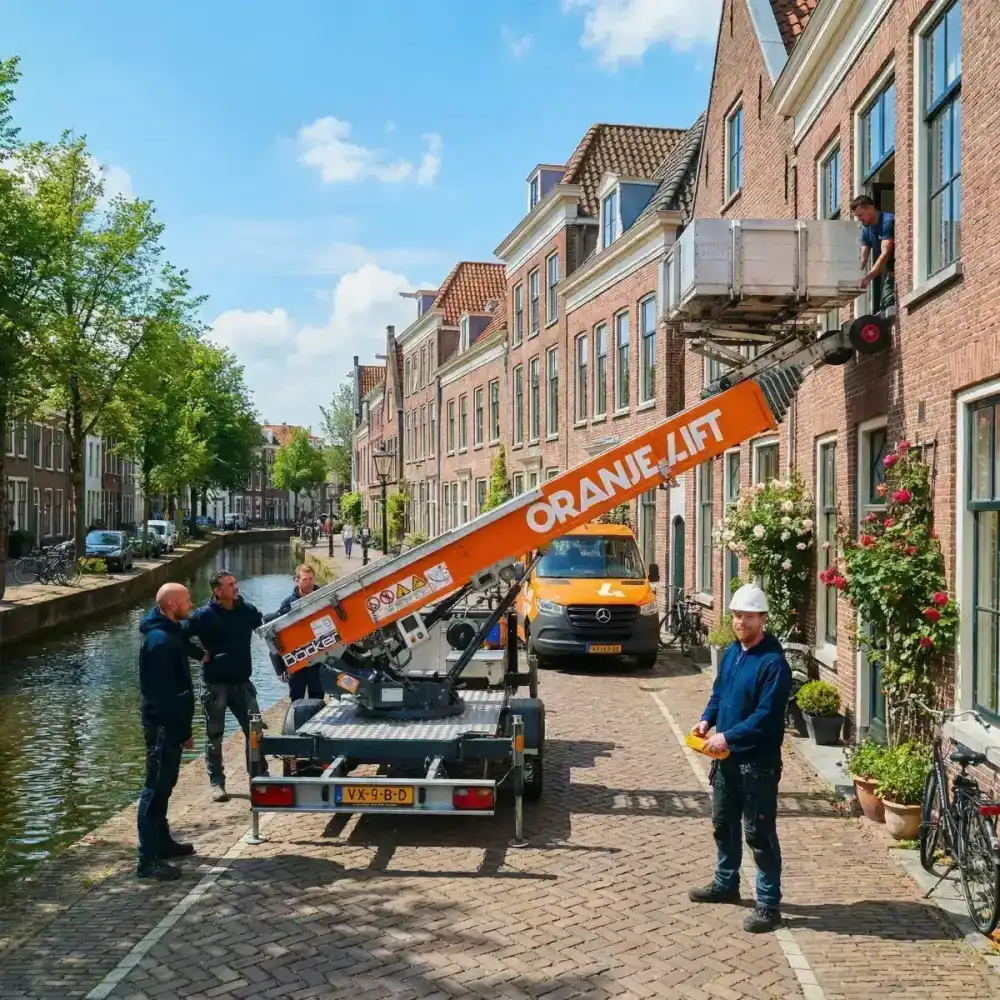 Verhuislift geplaatst aan een gracht in Nederland